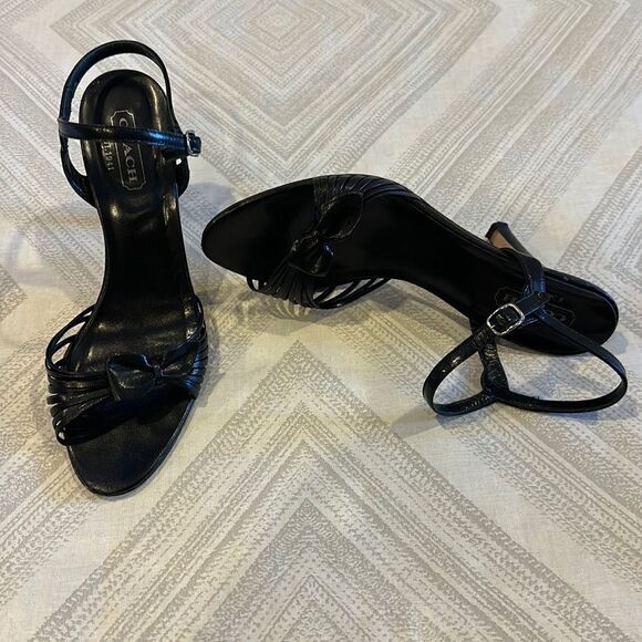 Coach Women’s Black Joelle Kid Leather Strappy Bow Sandal Heels - Picture 1 of 8